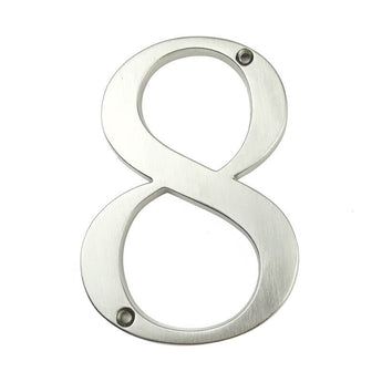 Le Matteo Nickel 10cm de yessential.fr est une plaque numéro 8 en métal avec une finition brossée et deux trous de vis (en haut à droite, en bas à gauche), idéale pour ceux qui recherchent des numéros de maison modernes en nickel.
