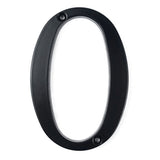 Le numéro de maison Matteo Black 10 cm de yessential.fr, avec le chiffre zéro en noir et deux trous de vis en haut et en bas pour le montage, est présenté isolé sur fond blanc.