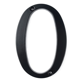 Le numéro de maison Matteo Black 10 cm de yessential.fr, avec le chiffre zéro en noir et deux trous de vis en haut et en bas pour le montage, est présenté isolé sur fond blanc.
