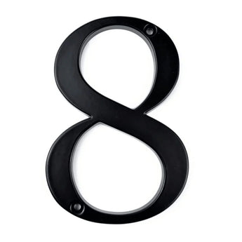 Le Matteo Black 10cm de yessential.fr est un numéro de maison huit en métal noir avec deux trous de vis, un en haut et un en bas, représenté sur un fond blanc.