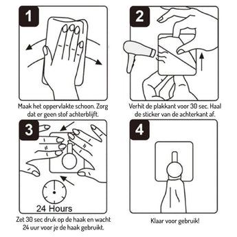 Instructions illustrées étape par étape pour le montage de 4x crochets autocollants Navarro Chrome de yessential.fr : nettoyer la surface, chauffer l'adhésif 30s, retirer le support, appuyer 30s, attendre 24h avant utilisation. Y compris le texte néerlandais.