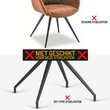 L'image du haut montre les pieds de chaise inclinées ; la base des pieds et écartés avec avertissement rouge aux Pays-Bas - NE CONVIENT PAS À CES PIEDS DE CHAISE - ce qui signifie ne convient pas au Paco Set Ø 12-16 mm de yessential.fr.