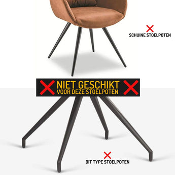 Une comparaison des pieds de chaise : celui du haut montre des pieds inclinés ("Slanted Chair Legs"), compatibles avec le Paco Set Ø 21-25mm de yessential.fr ; celui du bas, avec les jambes écartées ("Non adapté"), est marqué d'une croix rouge comme non adapté.