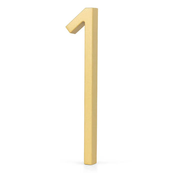 Le numéro de maison Amato Gold 12,5 cm de yessential.fr a un look moderne de couleur dorée et se tient debout sur un fond blanc - idéal pour les amateurs de numéros de maison élégants et élégants.