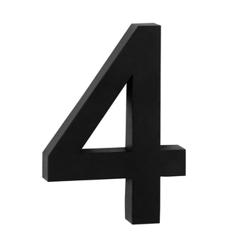 L'Angelo Black 20 cm de yessential.fr est un chiffre 4 noir élégant et tridimensionnel qui se tient debout sur un fond blanc - idéal pour ceux qui recherchent des numéros de maison 3D modernes et élégants pour leur maison.