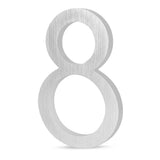 Le Milano en acier inoxydable 15 cm de yessential.fr est un numéro huit argenté métallisé avec une finition brossée, debout sur un fond blanc - un numéro de maison moderne idéal pour toute maison.