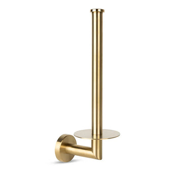 L'ensemble de toilettes Pacho Gold de yessential.fr est un porte-papier toilette mural moderne en or brossé avec une fine tige verticale, une base ronde et une petite plaque ronde en bas.