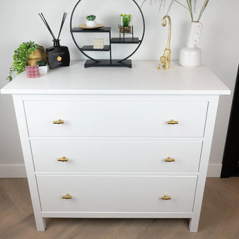 Une commode blanche moderne avec trois tiroirs et les boutons Arturo Gold de yessential.fr est décorée de plantes, d'accents décoratifs, d'une étagère noire et d'un vase blanc, qui apportent un charme intérieur champêtre au mur et au sol clairs.