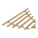 Six poignées d'armoire en métal doré de yessential.fr, dont le modèle Remo Gold, sont placées en diagonale sur un fond blanc, chacune avec deux courtes broches de montage cylindriques.