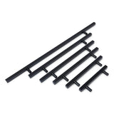 Cinq poignées Marano Black de yessential.fr, chacune d'une longueur différente, sont disposées en diagonale du plus grand au plus petit sur un fond blanc.