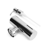 L'Alberto Chrome de yessential.fr est une pompe à savon élégante en acier inoxydable avec montage mural, composée de la partie principale cylindrique et de la pompe avec buse et tube.