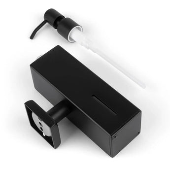 Un design rectangulaire noir élégant avec une pompe séparée et une fente pour vérifier le niveau de savon, le distributeur de savon Sonego Black de yessential.fr allie style moderne et fonctionnalité. Représenté sur un fond blanc.