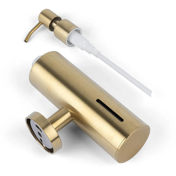 L'Alberto Gold de yessential.fr est un distributeur de savon en acier inoxydable de couleur dorée avec pompe et bouton sur le côté. Le distributeur est montré démonté avec une fenêtre verticale pour visualiser le contenu. Convient pour un montage mural.