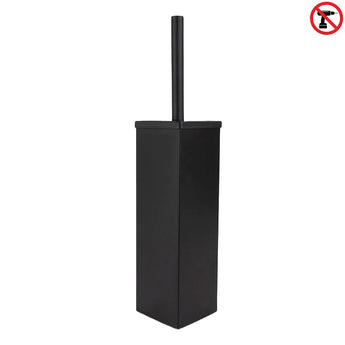 La brosse de toilette Velasco Black avec support est présentée en noir avec un long manche sur fond blanc. Une icône rouge « pas de perçage » indique que ce modèle autoportant ne nécessite aucune installation.