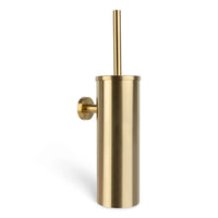 Le Branco Gold de yessential.fr est un porte-brosse de toilette élégant de couleur dorée avec un design cylindrique, un manche de brosse de toilette assorti et un montage mural pratique sur le côté.