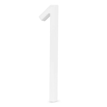 Un « 1 » blanc tridimensionnel de la série Amato White 12,5 cm de yessential.fr se tient debout sur un fond uni et reflète le design élégant des numéros de maison modernes.