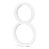 Un chiffre 8 blanc en trois dimensions (Amato White 12,5 cm par yessential.fr) se tient debout sur un fond blanc uni, soulignant le design moderne et élégant et ajoutant une touche élégante aux numéros de maison blancs d'aujourd'hui.