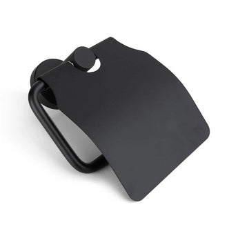 Le Julio Black de yessential.fr est un porte-rouleau de papier toilette noir mat avec rabat et coins arrondis, élégamment monté au mur et parfait comme accessoire de salle de bain moderne.