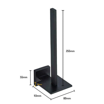 Le Bellino Black de yessential.fr est un porte-rouleau de papier toilette moderne avec une finition noire élégante, un support vertical avec support en forme de L et une base rectangulaire. Dimensions : 255 mm de haut, 113 mm de long, 80 mm de large – une combinaison de style et de fonctionnalité.
