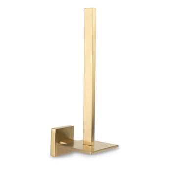 Le porte-rouleau de papier toilette Bellino Gold de yessential.fr présente un design moderne avec une base carrée et une tige rectangulaire verticale pour suspendre les rouleaux de papier toilette.