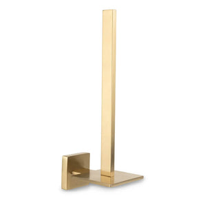 Le porte-rouleau de papier toilette Bellino Gold de yessential.fr présente un design moderne avec une base carrée et une tige rectangulaire verticale pour suspendre les rouleaux de papier toilette.