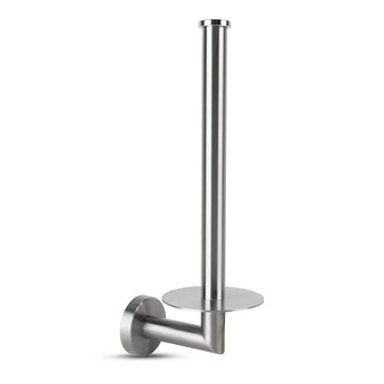 Le porte-rouleau de rechange Roberto en acier inoxydable de yessential.fr est un support mural avec une tige verticale et une base ronde pour des rouleaux supplémentaires. La finition élégante en métal brossé ajoute une touche moderne à n'importe quelle salle de bain.