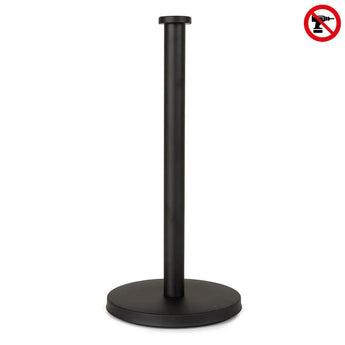 Le Jurado Black de yessential.fr est un porte-rouleau de cuisine autoportant avec une base ronde et une tige verticale. Un symbole sans perçage en haut à droite montre que ce support élégant est facile à installer sans outils.