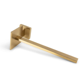Le porte-rouleau de papier toilette yessential.fr Bellino Gold présente un design minimaliste moderne avec une base rectangulaire et un bras horizontal droit, représenté sur un fond blanc.