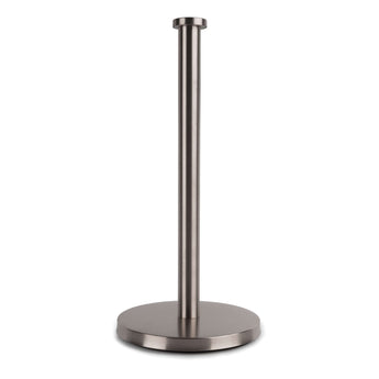 L'ensemble de toilettes Alexo Gunmetal (sans perçage) de yessential.fr est doté d'un élégant porte-serviettes en papier avec une base ronde dans un style moderne en bronze à canon - idéal pour votre ensemble d'accessoires de toilettes et installable sans perçage. Représenté sur un fond blanc.