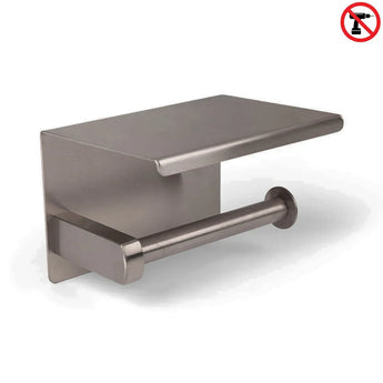 L'ensemble de toilettes Tapio Gunmetal yessential.fr (sans perçage) comprend un porte-papier toilette en métal brossé avec une étagère plate, parfait pour toute salle de bain en bronze. Comprend un symbole d'installation sans perçage dans le coin supérieur droit.