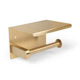 Le Tazio Gold de yessential.fr est un porte-rouleau de papier toilette mural de couleur dorée avec étagère pour les petits objets, élégamment représenté sur un fond blanc.