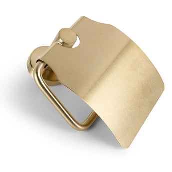 L'ensemble WC Fabiano Gold de yessential.fr est un porte-papier toilette mural moderne avec une finition or mat et une plaque de recouvrement incurvée, représenté sur un fond blanc.