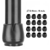 Grand plan pour une capote pour la méridienne latérale Paco Set Ø 12-16 mm noir avec yessential.fr et une grille pour les 16 capotes de protection et pour les pieds de la méridienne d'un diamètre de 12-16 mm, avec le texte "Ø 12-16 mm - 16 pièces".