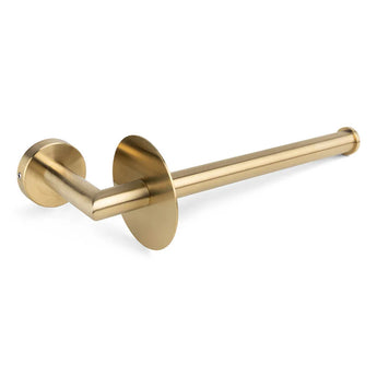 L'ensemble de toilettes Cosimo Gold de yessential.fr est un porte-rouleau de papier toilette mural moderne en laiton avec un bras cylindrique et une base ronde en or brossé - idéal pour ajouter des articles de toilette élégants de couleur dorée à votre ensemble d'accessoires de salle de bain.