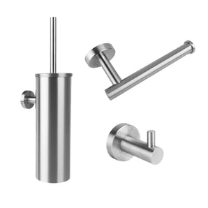 L'ensemble de toilettes Lorenzo en acier inoxydable de yessential.fr se compose de trois accessoires de salle de bain en acier inoxydable : un porte-brosse de toilette mural, un porte-papier toilette horizontal et un crochet mural simple, le tout représenté sur un fond blanc.