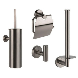 L'ensemble WC Fabiano Gunmetal de yessential.fr contient un porte-brosse de toilette, un porte-rouleau de papier toilette, un crochet mural et un porte-rouleau de rechange avec une finition métallique brossée. Des accessoires élégants pour chaque salle de bains ou toilettes modernes.