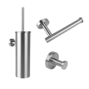 L'ensemble de toilettes en acier inoxydable Xavo de yessential.fr se compose d'une brosse de toilette en acier inoxydable avec support, d'un porte-papier toilette et d'un crochet mural - le tout dans un design cylindrique moderne et minimaliste - représenté sur un fond blanc.