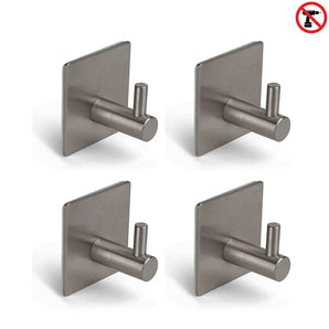 Quatre crochets à serviettes yessential.fr 4x Navarro Gunmetal avec plaque carrée sont disposés en grille ; un symbole rouge « pas de perçage » en haut à droite indique que ces crochets autocollants peuvent être installés rapidement sans perçage.