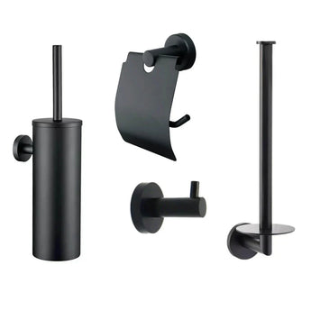 L'ensemble de toilettes Quirino Black yessential.fr se compose de quatre accessoires de salle de bains noir mat : une brosse WC avec support, un porte-papier toilette avec couvercle, un crochet mural et un support de rechange vertical, le tout représenté sur fond blanc.