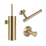 L'ensemble de toilettes Xavo Gold de yessential.fr se compose d'une brosse de toilette en or mat avec support, d'un porte-papier toilette et d'un crochet mural - idéal comme accessoire élégant pour toute salle de bains moderne. Représenté sur un fond blanc.