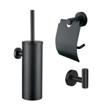 L'ensemble WC Sandro Black de yessential.fr contient trois accessoires de salle de bain modernes : un porte-brosse WC mural noir mat, un porte-rouleau WC avec abattant et un crochet simple, idéal pour un intérieur minimaliste.