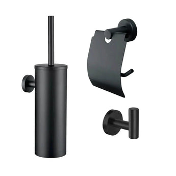 L'ensemble WC Sandro Black de yessential.fr contient trois accessoires de salle de bain modernes : un porte-brosse WC mural noir mat, un porte-rouleau WC avec abattant et un crochet simple, idéal pour un intérieur minimaliste.