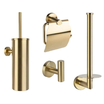 L'ensemble de toilettes Fabiano Gold de yessential.fr se compose de quatre accessoires de salle de bains dorés : une brosse de toilette, un porte-rouleau de papier toilette, un crochet mural et un porte-rouleau de rechange, le tout dans un design élégant et moderne.