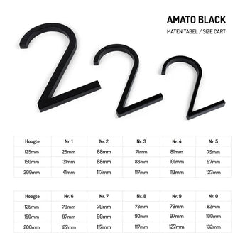 Trois numéros de maison en métal noir au design « 2 », dont l'Amato Black 12,5 cm de yessential.fr, sont présentés au-dessus d'un tableau avec la hauteur, la largeur et l'épaisseur de chaque taille de la collection Amato House Numbers Modern House Numbers Black.