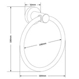Dessin au trait de l'anneau porte-serviettes Elarbo Black de yessential.fr : gain de place, noir mat, hauteur 180 mm, largeur 164 mm, diamètre de l'anneau 140 mm, profondeur de fixation murale 50 mm.