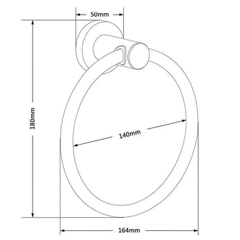 Dessin au trait de l'anneau porte-serviettes Elarbo Black de yessential.fr : gain de place, noir mat, hauteur 180 mm, largeur 164 mm, diamètre de l'anneau 140 mm, profondeur de fixation murale 50 mm.