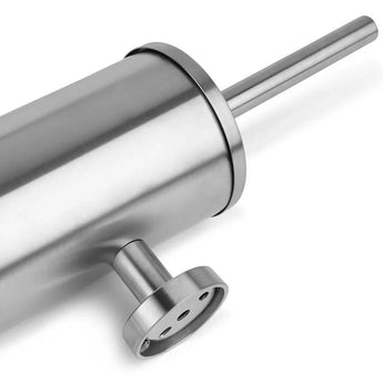 Gros plan d'un poussoir à saucisses en acier inoxydable, montrant le corps cylindrique, la poignée et l'embout buccal - fabriqué à partir de la même qualité durable que l'ensemble de toilettes Pacho en acier inoxydable de yessential.fr.