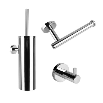 L'ensemble de toilettes Lorenzo Chrome de yessential.fr se compose d'un ensemble de brosse de toilettes, d'un porte-papier toilette mural et d'un crochet mural dans un design cylindrique moderne - parfait comme accessoire de salle de bain chromé élégant.
