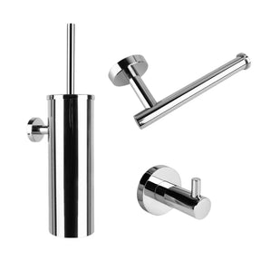 L'ensemble de toilettes Lorenzo Chrome de yessential.fr se compose d'un ensemble de brosse de toilettes, d'un porte-papier toilette mural et d'un crochet mural dans un design cylindrique moderne - parfait comme accessoire de salle de bain chromé élégant.