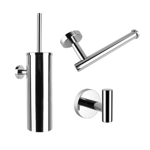 L'ensemble WC Ferro Chrome de yessential.fr se compose de trois parties en acier inoxydable : un porte-brosse WC mural, un porte-papier toilette et un crochet mural - idéal pour une salle de bain moderne et élégante.